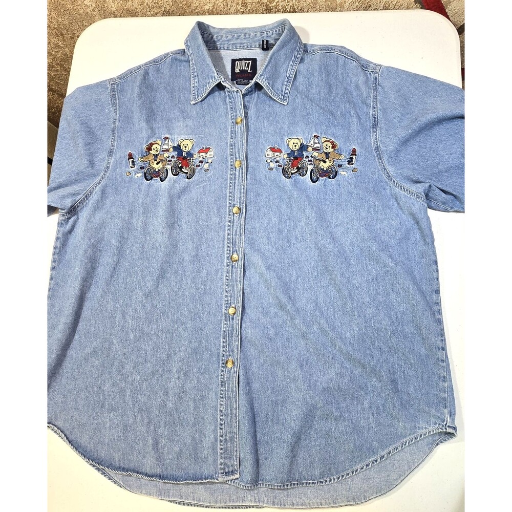 Quizz Button Up Shirt Womens 22 Vintage Denim Embroidered Bears